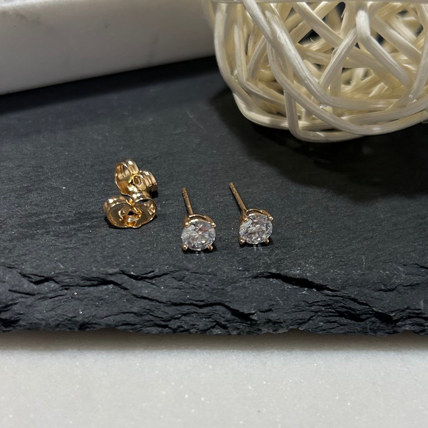 14K Gold Plated Cubic Zirconia Stud Earrings - Classic Solitaire Design