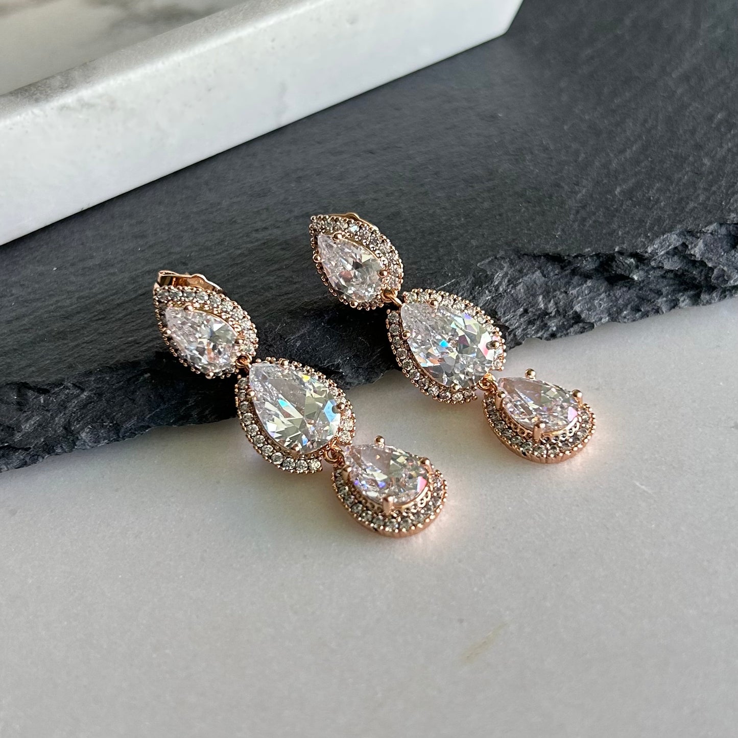 18K Rose Gold Drop Earrings with Cubic Zirconia Teardrops