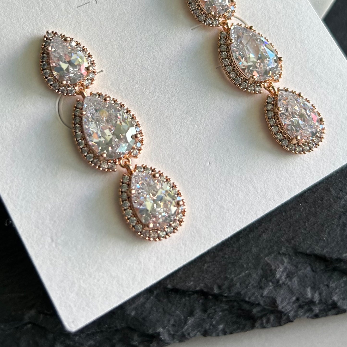 18K Rose Gold Drop Earrings with Cubic Zirconia Teardrops