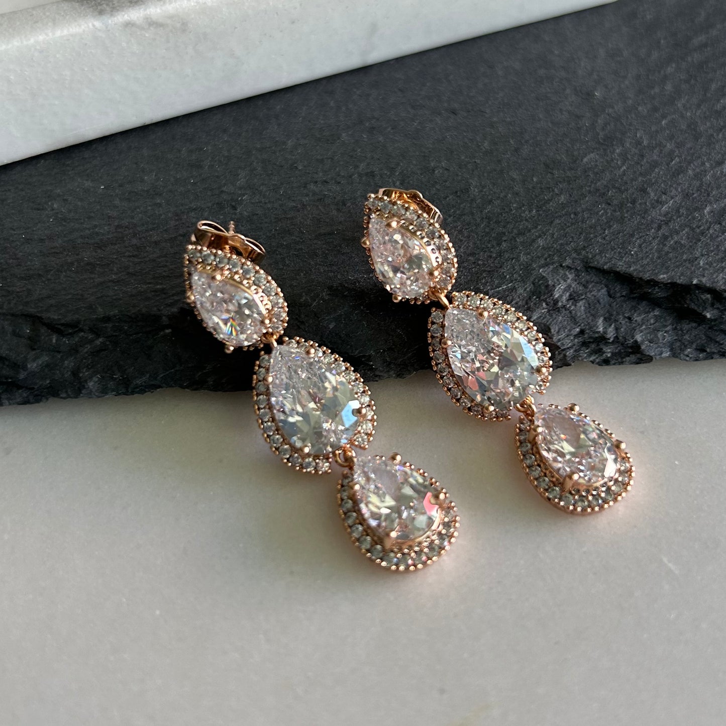 18K Rose Gold Drop Earrings with Cubic Zirconia Teardrops